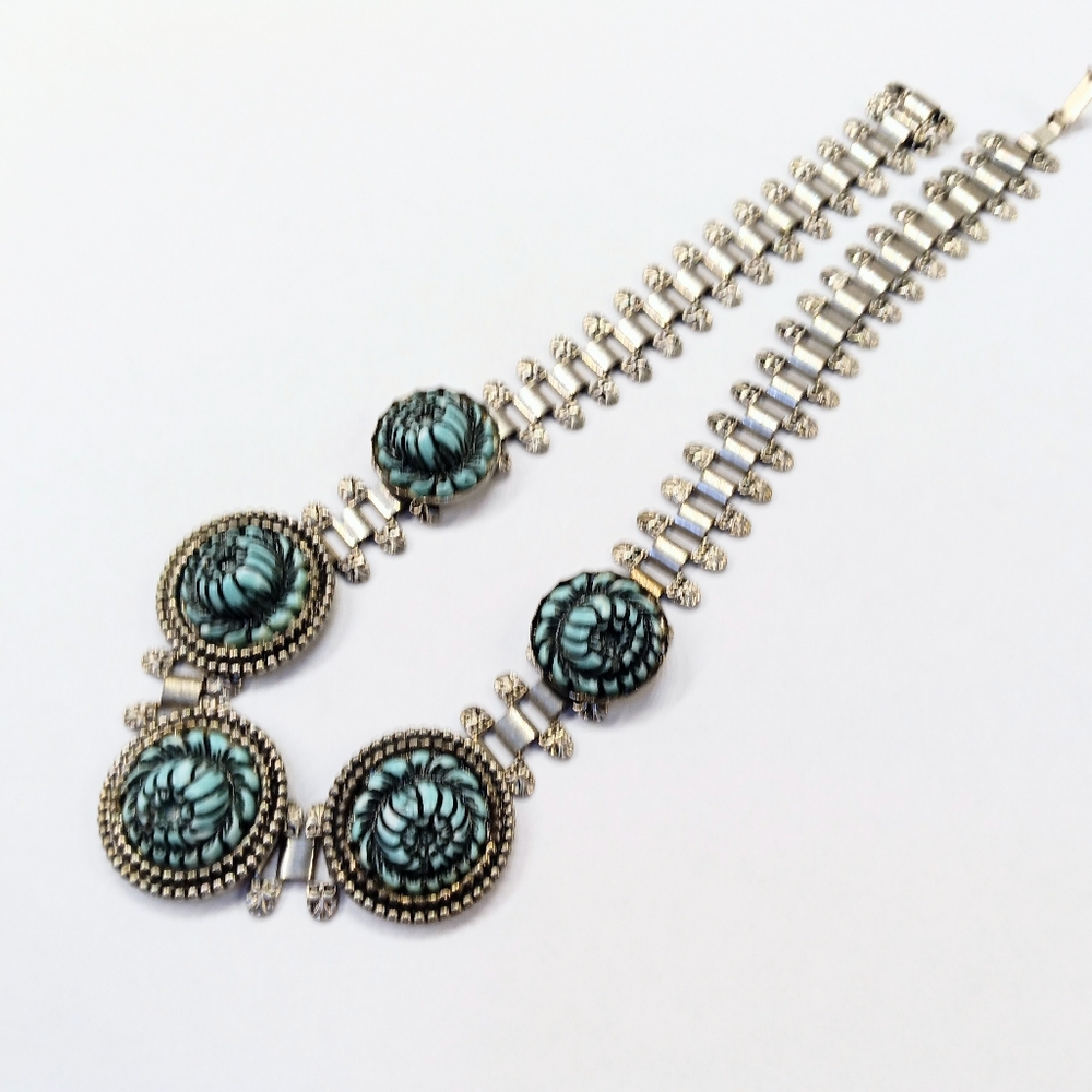 Vintage Floral Molded Plastic Cabochons Turquoise Choker